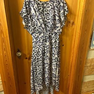 Adrianna Papell High Low Dress in Blue and White Leopard Print